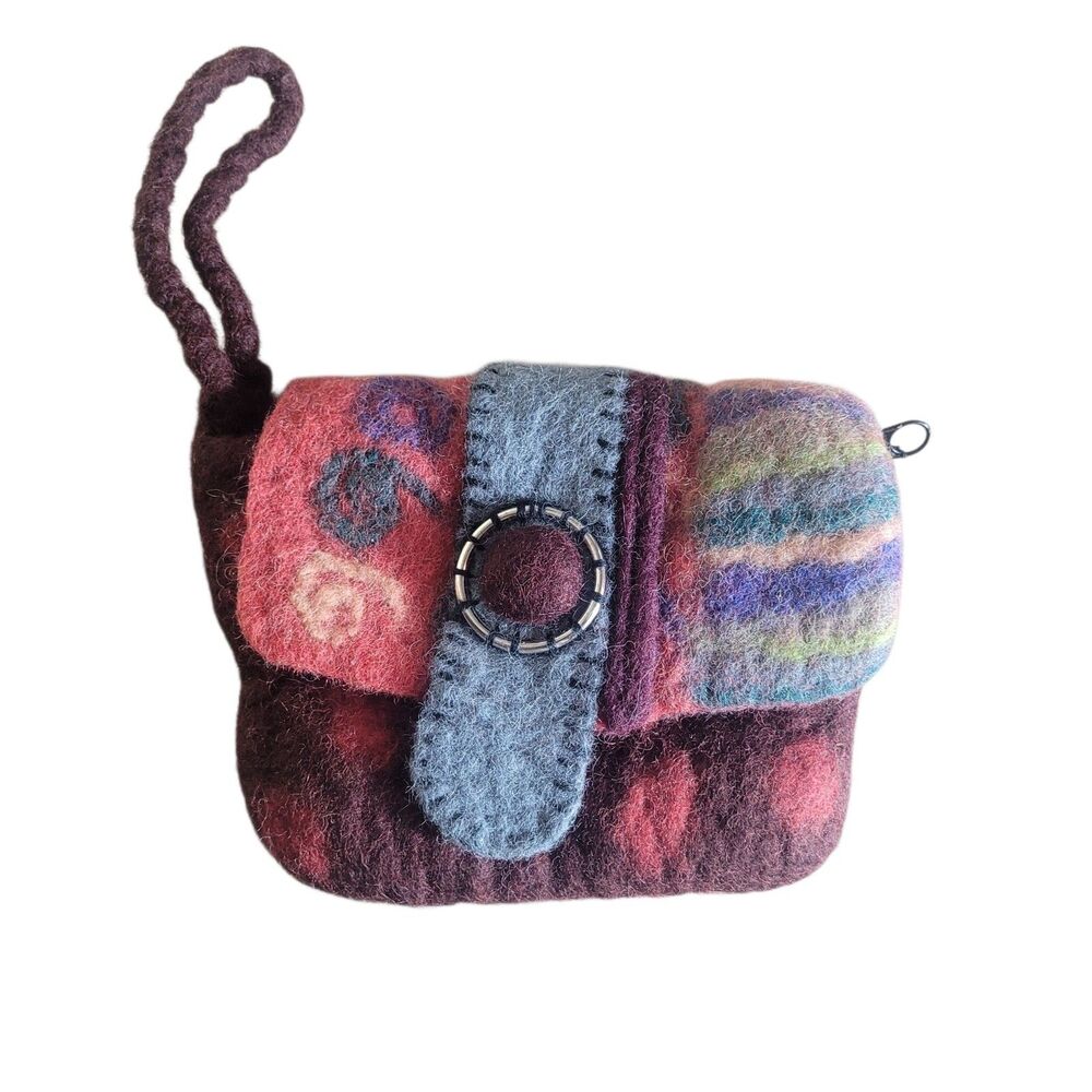 Rising Tide Boho Clutch Wristlet Purse Boiled Wool Nepal Colorful Art Hippie